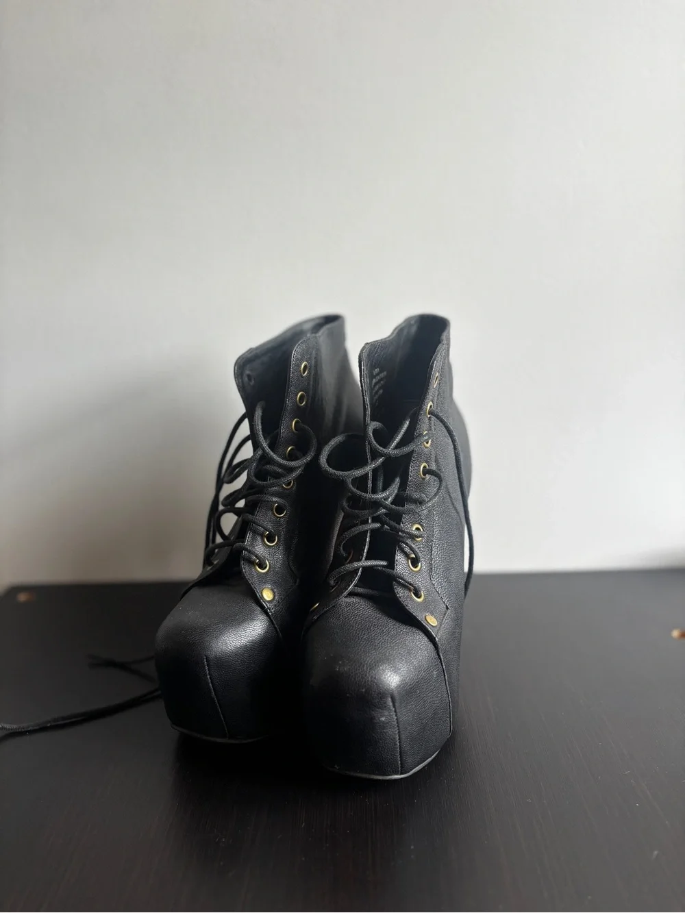 Jeffrey Campbell Lita Black Lace-Up Platform Ankle Boots with Wood-Tone Heel